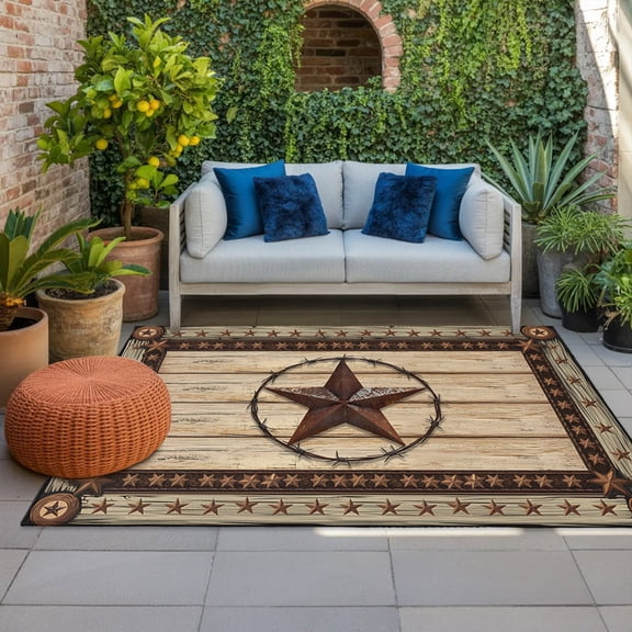 Outdoor Rug, Retro Rustic Texas Country Star Indoor Area Rug Outdoor Carpet RV Camping Rugs 4x6ft Farmhouse Vintage Wood Barn Outside Mat for Patio Picnic Porch Deck Balcony Backyard