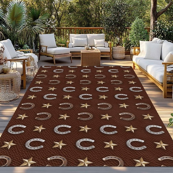 Outdoor Rug, Retro Western Horse-footed Iron on Brown Indoor Area Rug Outdoor Carpet RV Camping Rugs 3x5ft Yellow Star Outside Mat for Patio Picnic Porch Deck Balcony Backyard