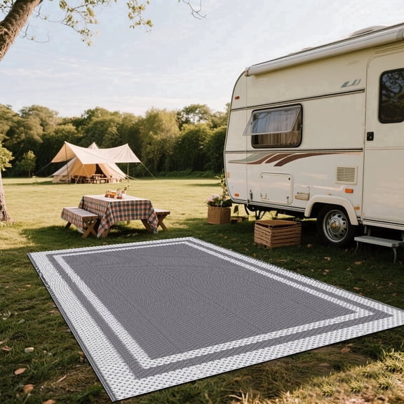 Kzaei Waterproof Outdoor Rug, Reversible Plastic Camping Area Rugs, Gray & White