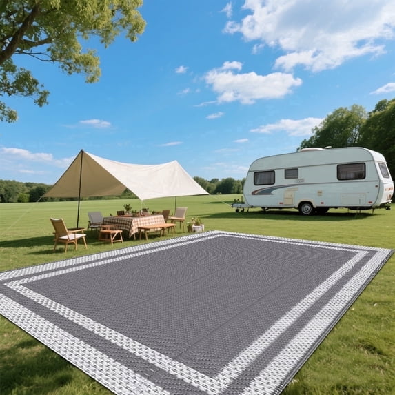Kzaei Waterproof Outdoor Rug, 9'x12' Reversible Plastic Camping Area Rugs, Gray & White