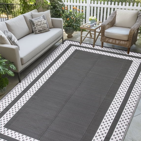 Kzaei Waterproof Outdoor Rug, 4'x6' Reversible Plastic Camping Area Rugs Decor, Gray & White