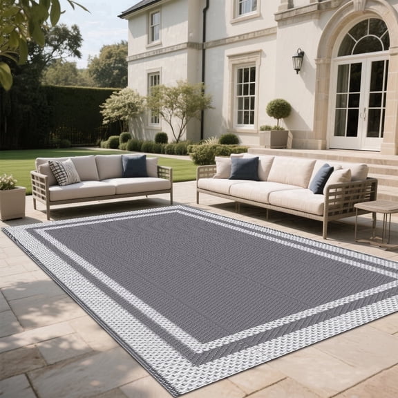 Kzaei Waterproof Outdoor Rug, 6'x9' Reversible Plastic Camping Area Rugs, Gray & White