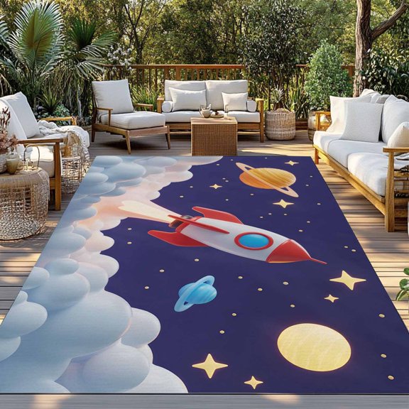 Outdoor Rug, Rocket Space Universe Planet Indoor Area Rug Outdoor Carpet RV Camping Rugs 3x5ft Night Star Cartoon Style Outside Mat for Patio Picnic Porch Deck Balcony Backyard