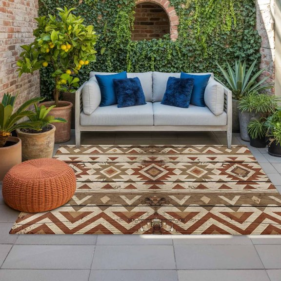 Outdoor Rug, Rustic Aztec Style Pattern Indoor Area Rug Outdoor Carpet RV Camping Rugs 4x6ft Southwestern Geometric Art Outside Mat for Patio Picnic Porch Deck Balcony Backyard