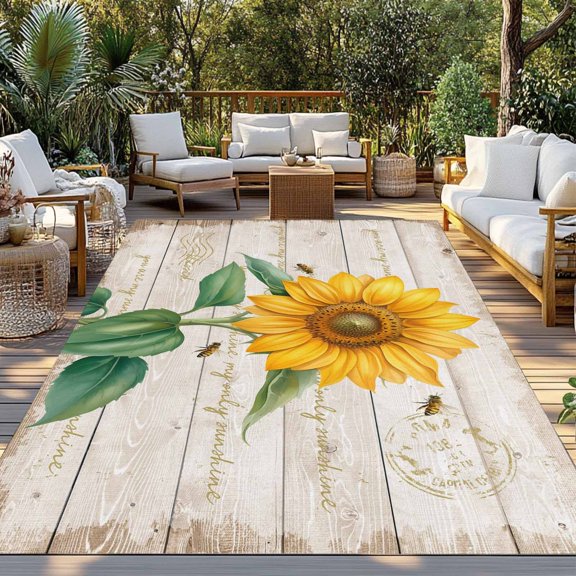 Outdoor Rug, Rustic Country Sunflower Bee Indoor Area Rug Outdoor Carpet RV Camping Rugs 3x5ft Farmhouse Wooden Board Outside Mat for Patio Picnic Porch Deck Balcony Backyard