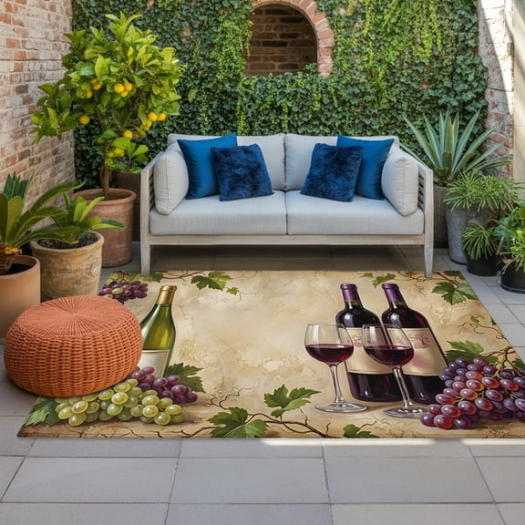 Outdoor Rug, Rustic Grapes Wine Goblets Bottles Indoor Area Rug Outdoor Carpet RV Camping Rugs 4x6ft Farmhouse Italian Manor Outside Mat for Patio Picnic Porch Deck Balcony Backyard
