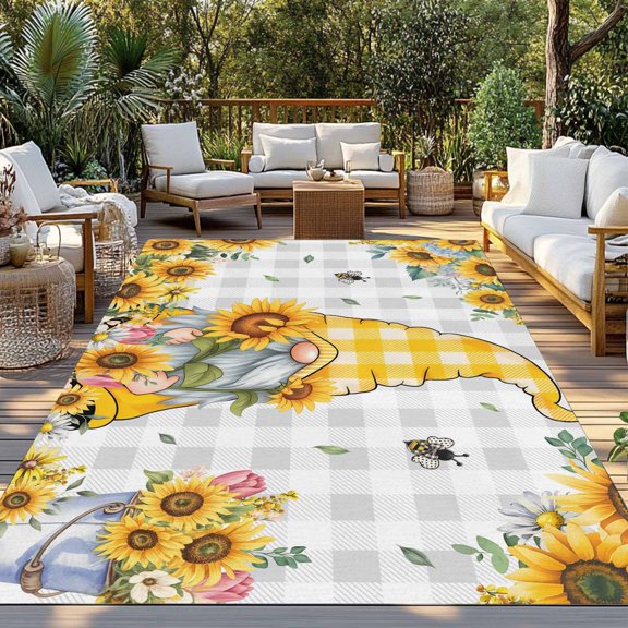 Outdoor Rug, Rustic Pastoral Sunflower Bee Indoor Area Rug Outdoor Carpet RV Camping Rugs 3x5ft Buffalo Plaid Gnome Outside Mat for Patio Picnic Porch Deck Balcony Backyard