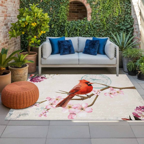 Outdoor Rug, Rustic Red Bird on Tree Branch Indoor Area Rug Outdoor Carpet RV Camping Rugs 4x6ft Summer Flower Retro Back Outside Mat for Patio Picnic Porch Deck Balcony Backyard