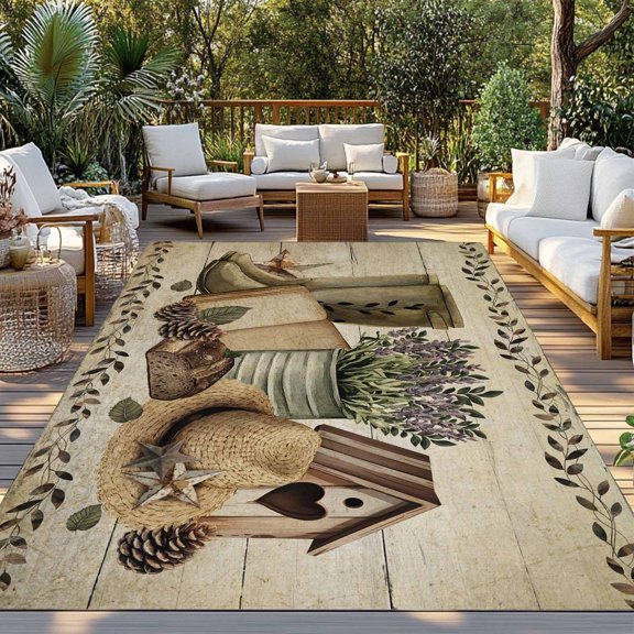 Outdoor Rug, Rustic Retro Book Boot Cap Indoor Area Rug Outdoor Carpet RV Camping Rugs 3x5ft Vintage Farmhouse Wood Board Outside Mat for Patio Picnic Porch Deck Balcony Backyard