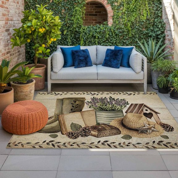 Outdoor Rug, Rustic Retro Book Boot Cap Indoor Area Rug Outdoor Carpet RV Camping Rugs 4x6ft Vintage Farmhouse Wood Board Outside Mat for Patio Picnic Porch Deck Balcony Backyard