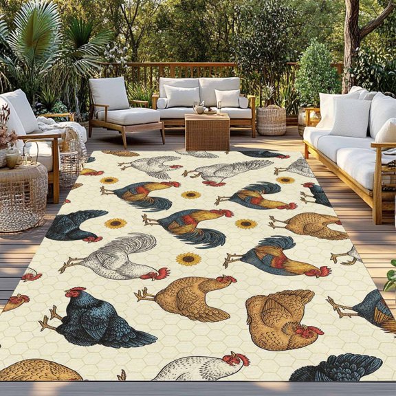Outdoor Rug, Rustic Rooster Sunflower Animal Art Indoor Area Rug Outdoor Carpet RV Camping Rugs 3x5ft Light Yellow Hexagon Outside Mat for Patio Picnic Porch Deck Balcony Backyard