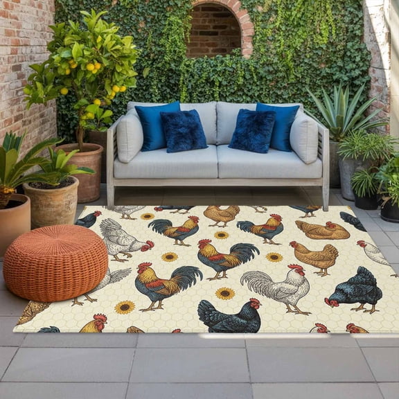 Outdoor Rug, Rustic Rooster Sunflower Animal Art Indoor Area Rug Outdoor Carpet RV Camping Rugs 4x6ft Light Yellow Hexagon Outside Mat for Patio Picnic Porch Deck Balcony Backyard