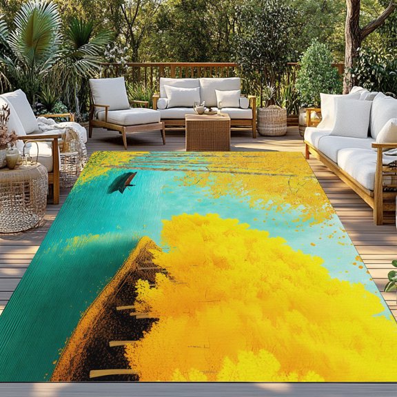 Outdoor Rug, Rustic Rowing Boat Turquoise Lake Indoor Area Rug Outdoor Carpet RV Camping Rugs 3x5ft Golden Forest Leaves Outside Mat for Patio Picnic Porch Deck Balcony Backyard