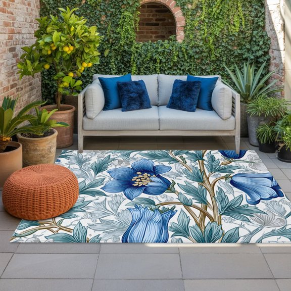 Outdoor Rug, Rustic Royal Blue Flower Leaves Indoor Area Rug Outdoor Carpet RV Camping Rugs 4x6ft Watercolor Floral Art Outside Mat for Patio Picnic Porch Deck Balcony Backyard