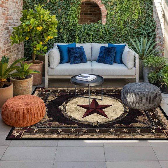Outdoor Rug, Rustic Texas Western Stars on Wooden Absorbant Non-Slip Area Rugs Mat Carpet for Patio Balcony Porch Backyard Deck Rv Camping 4x6ft Vintage Farmhouse Wood