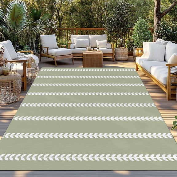Outdoor Rug, Sage Green Leaves Stripe Indoor Area Rug Outdoor Carpet RV Camping Rugs 3x5ft Country Leaf White Lines Outside Mat for Patio Picnic Porch Deck Balcony Backyard
