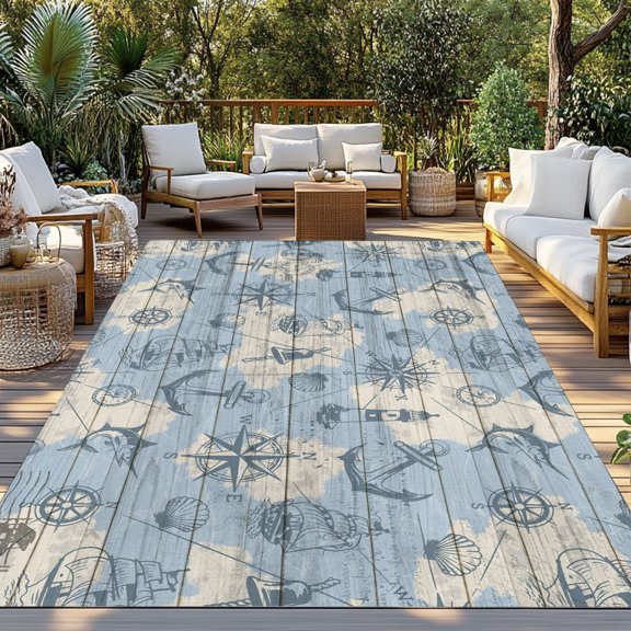 Outdoor Rug, Sailing Compass Anchor Lighthouse Indoor Area Rug Outdoor Carpet RV Camping Rugs 3x5ft Map Fish on Wood Board Outside Mat for Patio Picnic Porch Deck Balcony Backyard