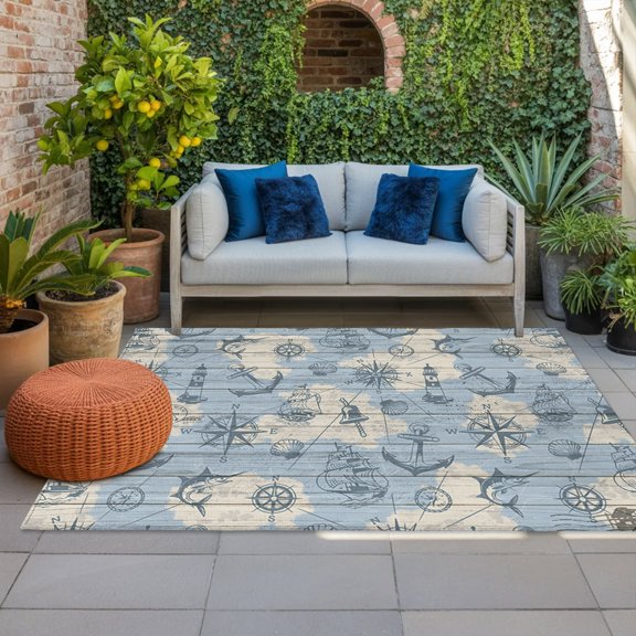 Outdoor Rug, Sailing Compass Anchor Lighthouse Indoor Area Rug Outdoor Carpet RV Camping Rugs 4x6ft Map Fish on Wood Board Outside Mat for Patio Picnic Porch Deck Balcony Backyard