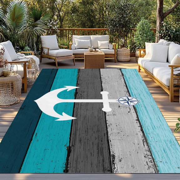 Outdoor Rug, Sea Ship Anchors Indoor Area Rug Outdoor Carpet RV Camping Rugs 3x5ft Blue Brown Woodcuts Outside Mat for Patio Picnic Porch Deck Balcony Backyard
