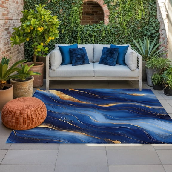 Outdoor Rug, Seamless Abstract Wavy Line Indoor Area Rug Outdoor Carpet RV Camping Rugs 4x6ft Gold Royal Blue Texture Outside Mat for Patio Picnic Porch Deck Balcony Backyard