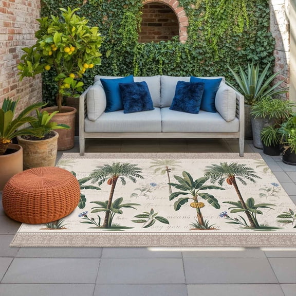 Outdoor Rug, Serene Botanical Print Indoor Area Rug Outdoor Carpet RV Camping Rugs 4x6ft Beige Border Weathered Textures Outside Mat for Patio Picnic Porch Deck Balcony Backyard