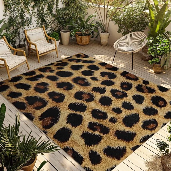 Outdoor Rug, Sexy Leopard Skin Texture Absorbant Non-Slip Area Rugs Mat Carpet for Patio Balcony Porch Backyard Deck Rv Camping 5x8ft Animal Pattern Vintage Brown