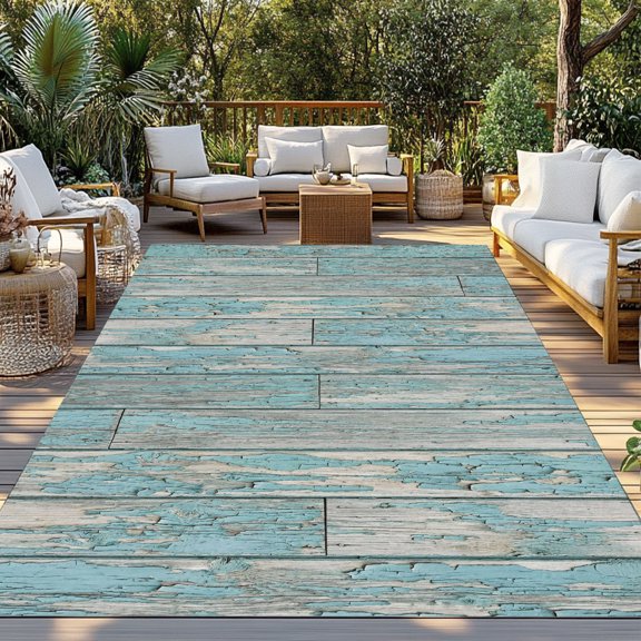 Outdoor Rug, Shabby Blue Gray Wooden Plank Indoor Area Rug Outdoor Carpet RV Camping Rugs 3x5ft Rustic Wood Board Outside Mat for Patio Picnic Porch Deck Balcony Backyard