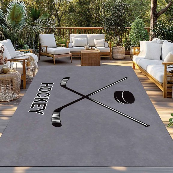 Outdoor Rug, Sports Hockey Black Art Indoor Area Rug Outdoor Carpet RV Camping Rugs 3x5ft Retro Gray Texture Outside Mat for Patio Picnic Porch Deck Balcony Backyard