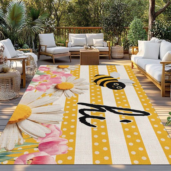 Outdoor Rug, Spring Bees Pink Tulips Daisy Flower Indoor Area Rug Outdoor Carpet RV Camping Rugs 3x5ft Vintage Yellow Stripe Outside Mat for Patio Picnic Porch Deck Balcony Backyard