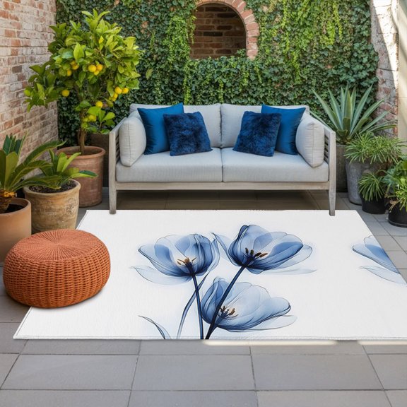 Outdoor Rug, Spring Blossom Tulip Blue Flower Indoor Area Rug Outdoor Carpet RV Camping Rugs 4x6ft Abstract Transparent Floral Outside Mat for Patio Picnic Porch Deck Balcony Backyard