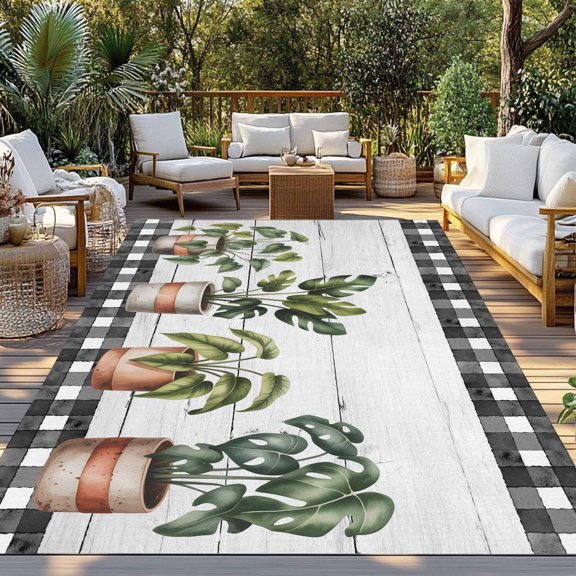 Outdoor Rug, Spring Green Leaves Pots on Wood Grain Indoor Area Rug Outdoor Carpet RV Camping Rugs 3x5ft Black Buffalo Plaid Outside Mat for Patio Picnic Porch Deck Balcony Backyard