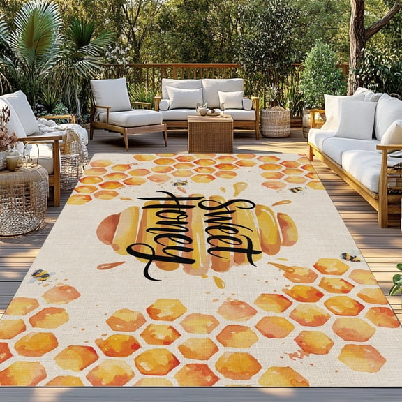 Outdoor Rug, Spring Orange Bee Nests on Vintage Linen Indoor Area Rug Outdoor Carpet RV Camping Rugs 3x5ft Sweet Honey Outside Mat for Patio Picnic Porch Deck Balcony Backyard