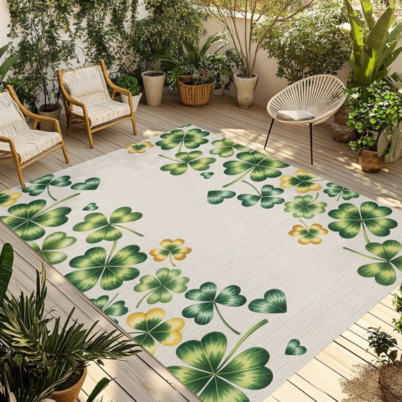 Outdoor Rug, St. Patrick's Day Clovers Leaf Indoor Area Rug Outdoor Carpet RV Camping Rugs 5x8ft Green Shamrock Retro Linen Outside Mat for Patio Picnic Porch Deck Balcony Backyard
