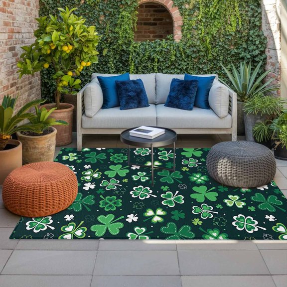 Outdoor Rug, St. Patrick's Day Green Shamrock Absorbant Non-Slip Area Rugs Mat Carpet for Patio Balcony Porch Backyard Deck Rv Camping 4x6ft Lucky Clovers Country Leaf Seamless
