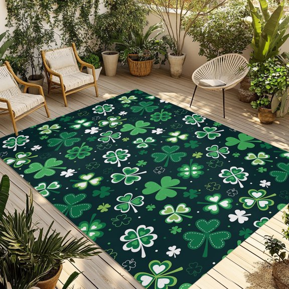 Outdoor Rug, St. Patrick's Day Green Shamrock Absorbant Non-Slip Area Rugs Mat Carpet for Patio Balcony Porch Backyard Deck Rv Camping 6x9ft Lucky Clovers Country Leaf Seamless