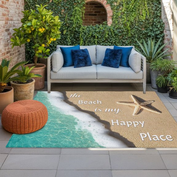 Outdoor Rug, Starfish Summer Beach Sand Indoor Area Rug Outdoor Carpet RV Camping Rugs 4x6ft Sea Waves Teal Gradient Outside Mat for Patio Picnic Porch Deck Balcony Backyard