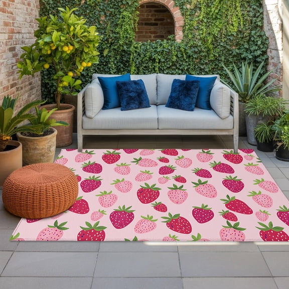 Outdoor Rug, Strawberries on Pink Background Indoor Area Rug Outdoor Carpet RV Camping Rugs 4x6ft Cute Red Fruit Outside Mat for Patio Picnic Porch Deck Balcony Backyard