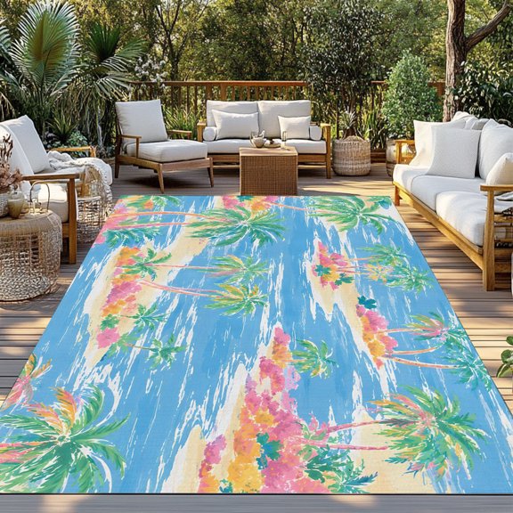 Outdoor Rug, Summer Beach Coconut Trees Blue Ocean Indoor Area Rug Outdoor Carpet RV Camping Rugs 3x5ft Graffiti Style Outside Mat for Patio Picnic Porch Deck Balcony Backyard