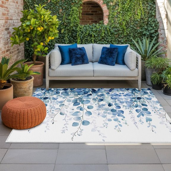 Outdoor Rug, Summer Blue Eucalyptus Leaves Indoor Area Rug Outdoor Carpet RV Camping Rugs 4x6ft Fallen Leaves on White Outside Mat for Patio Picnic Porch Deck Balcony Backyard