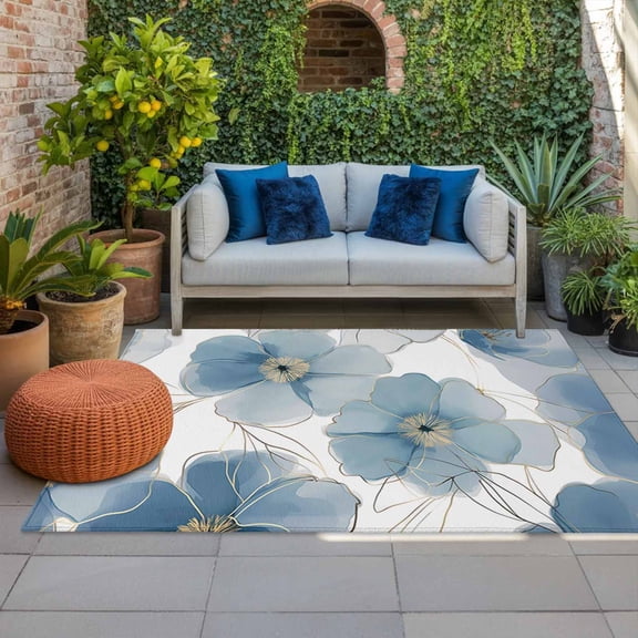 Outdoor Rug, Summer Blue Poppy Flowers Indoor Area Rug Outdoor Carpet RV Camping Rugs 4x6ft Farmhouse Ombre Floral Plant Outside Mat for Patio Picnic Porch Deck Balcony Backyard