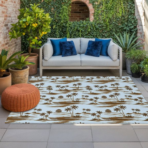 Outdoor Rug, Summer Coconut Tree Beach Sun Indoor Area Rug Outdoor Carpet RV Camping Rugs 4x6ft Retro Blue Outside Mat for Patio Picnic Porch Deck Balcony Backyard