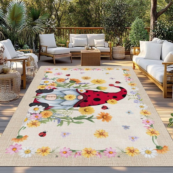 Outdoor Rug, Summer Daisy Flower Ladybug Gnome Indoor Area Rug Outdoor Carpet RV Camping Rugs 3x5ft Green Leaves Watercolor Floral Outside Mat for Patio Picnic Porch Deck Balcony Backyard