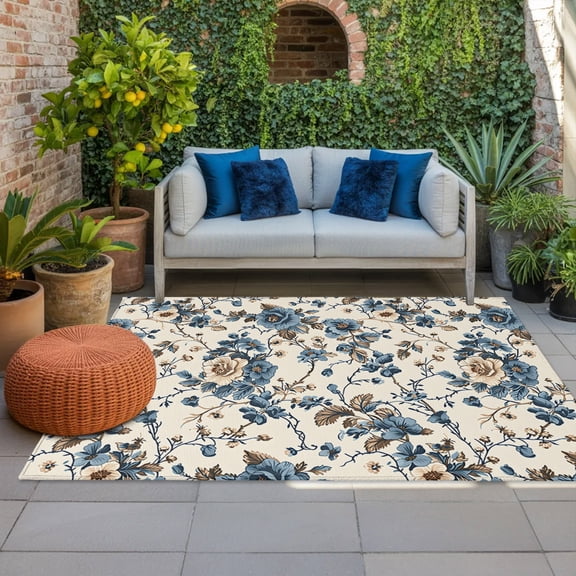 Outdoor Rug, Summer Flower Leaves Rattan Indoor Area Rug Outdoor Carpet RV Camping Rugs 4x6ft Classic Floral Seamless Outside Mat for Patio Picnic Porch Deck Balcony Backyard