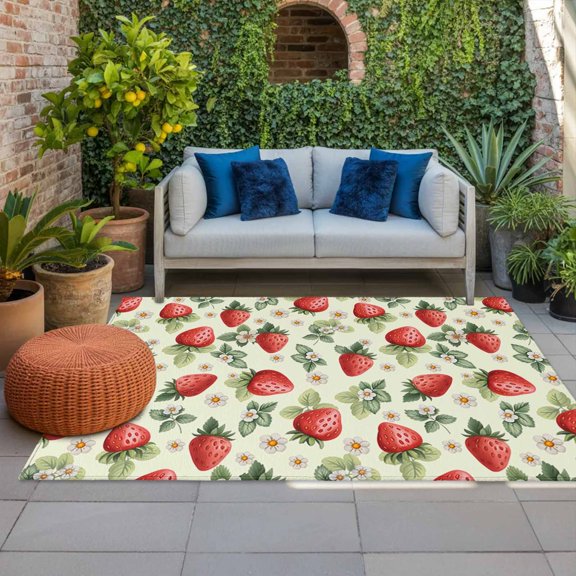 Outdoor Rug, Summer Fruits Strawberries Indoor Area Rug Outdoor Carpet RV Camping Rugs 4x6ft Watercolor Flowers Outside Mat for Patio Picnic Porch Deck Balcony Backyard