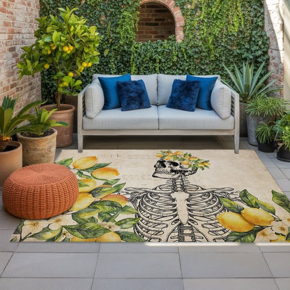Outdoor Rug, Summer Lemon Leaf Skull Indoor Area Rug Outdoor Carpet RV Camping Rugs 4x6ft Farm Harvest Retro Back Outside Mat for Patio Picnic Porch Deck Balcony Backyard