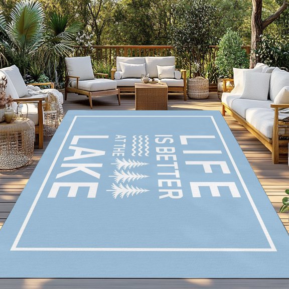 Outdoor Rug, Summer Life Lake Quote Indoor Area Rug Outdoor Carpet RV Camping Rugs 3x5ft White Stripe Blue Back Outside Mat for Patio Picnic Porch Deck Balcony Backyard