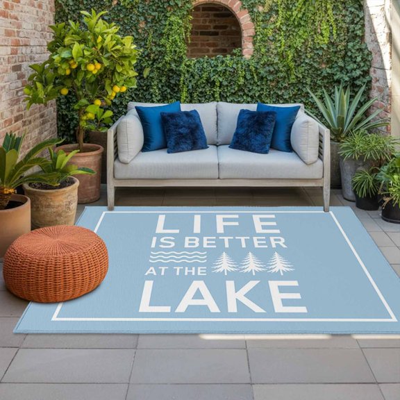 Outdoor Rug, Summer Life Lake Quote Indoor Area Rug Outdoor Carpet RV Camping Rugs 4x6ft White Stripe Blue Back Outside Mat for Patio Picnic Porch Deck Balcony Backyard