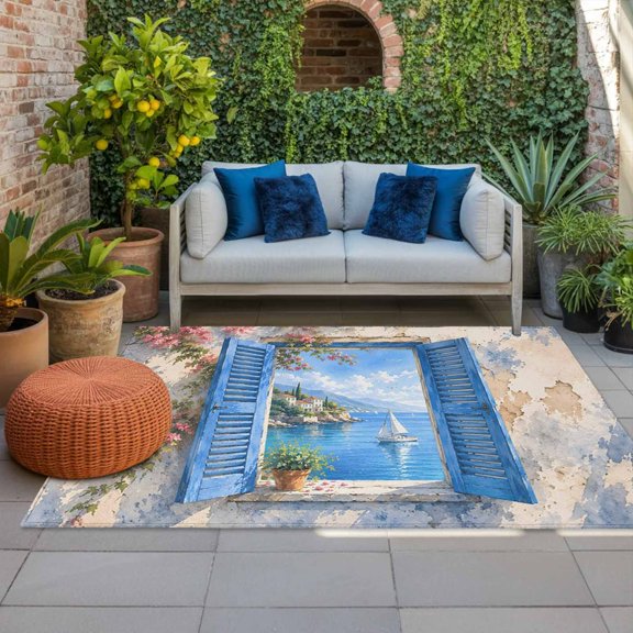 Outdoor Rug, Summer Ocean Coastal Floral Indoor Area Rug Outdoor Carpet RV Camping Rugs 4x6ft Vintage Seaside Town Outside Mat for Patio Picnic Porch Deck Balcony Backyard