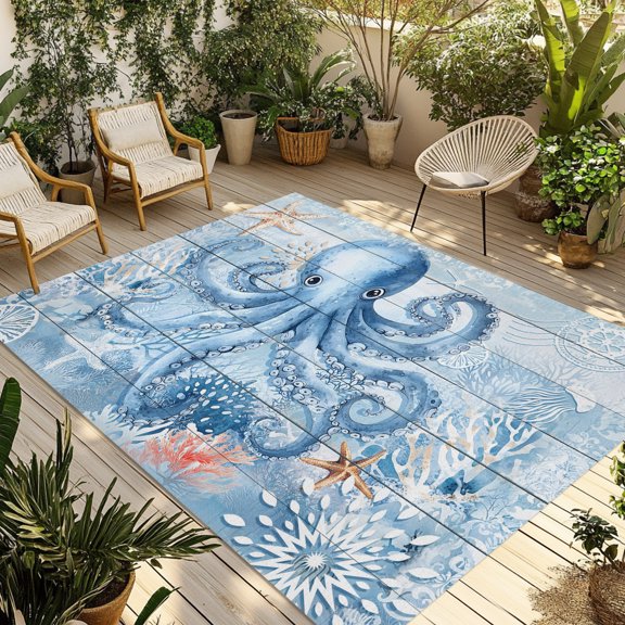 Outdoor Rug, Summer Ocean Octopus Starfish Coral Indoor Area Rug Outdoor Carpet RV Camping Rugs 5x8ft Monster Blue Wood Board Outside Mat for Patio Picnic Porch Deck Balcony Backyard