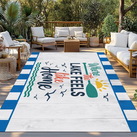 Outdoor Rug, Summer Ocean Wavy Retro Plank Indoor Area Rug Outdoor Carpet RV Camping Rugs 3x5ft Lake Feels like Home Quote Outside Mat for Patio Picnic Porch Deck Balcony Backyard